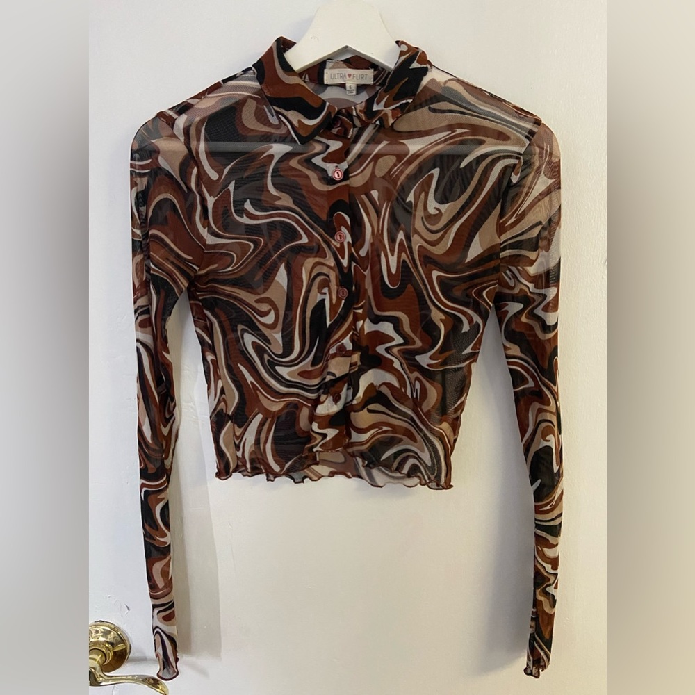 dark brown mesh long sleeve button up shirt